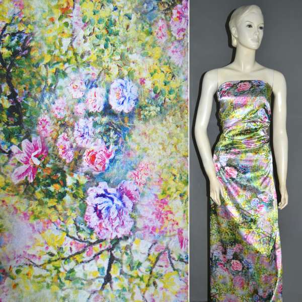 Атлас стрейч салатовый с розово-синими цветами ш.150