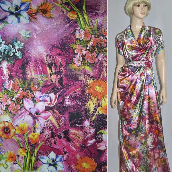 Атлас стрейч розовый с молочно-оранжевыми цветами ш.150