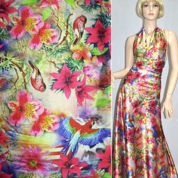 Атлас стрейч світло-бежевий з яскраво-рожевими квітами і птахами ш.150