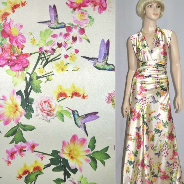 Атлас стрейч кремовый с розово-желтыми цветами и птицами ш.150