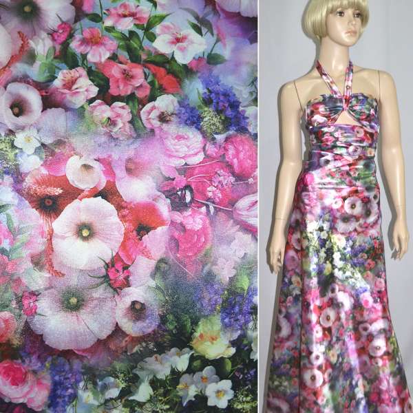 Атлас стрейч розово-голубой с сиренево-молочными цветами ш.150