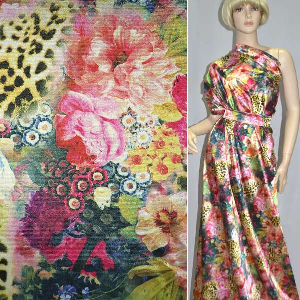 Атлас стрейч розово-золотой с цветами принт леопард (принт) ш.150