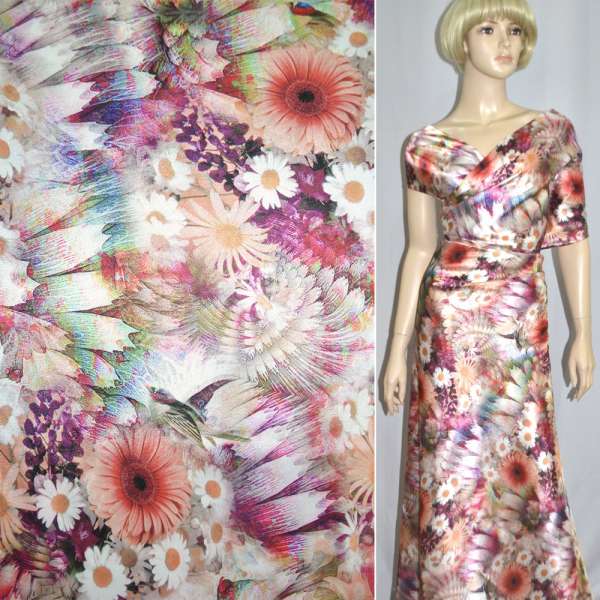 Атлас стрейч молочно-бежевый с ромашками, герберами, птицами ш.150