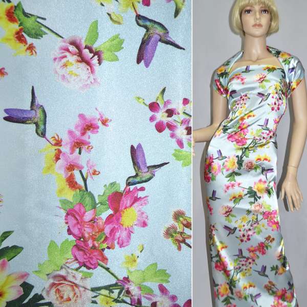 Атлас стрейч блідо-блакитний з різнокольоровими квітами та птахами ш.150