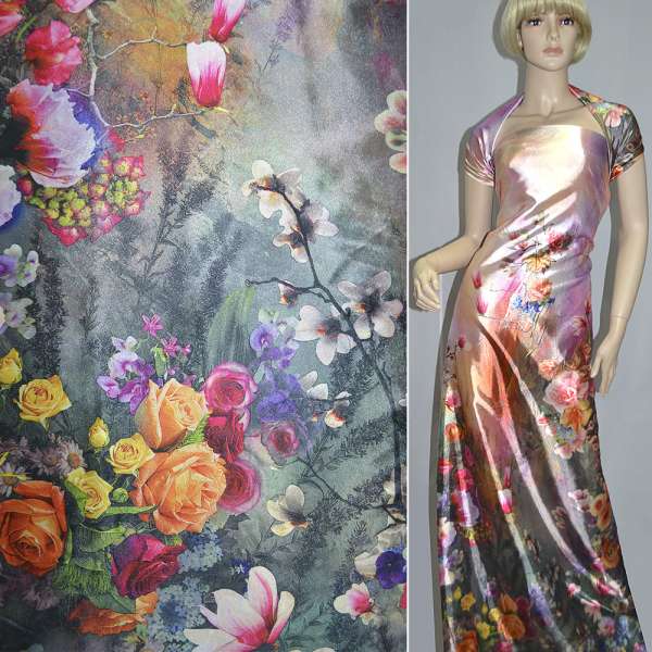 Атлас стрейч розово-серый односторонний купон разноцветные цветы ш.150