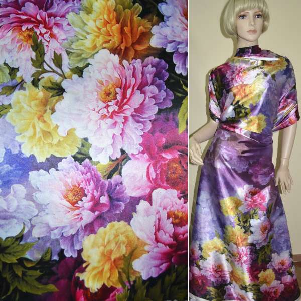 Атлас стрейч темно-сиреневый, двухсторонний купон разноцветные цветы ш.180