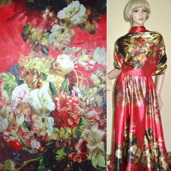 Атлас стрейч красный, двухсторонний купон разноцветные цветы ш.170