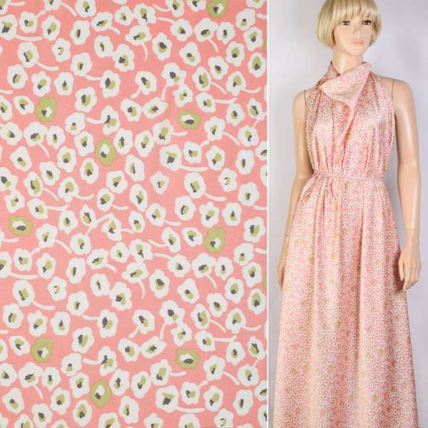 Шовк японський рожевий в біло-зелені квіти ш.150