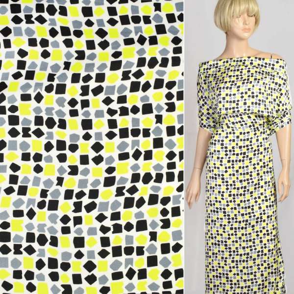 Шовк японський білий в чорні, сірі, жовті фігури, ш.147