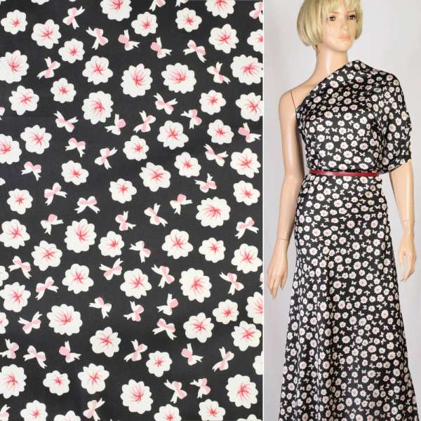 Шовк японський чорний в біло-рожеві квіти, ш.150