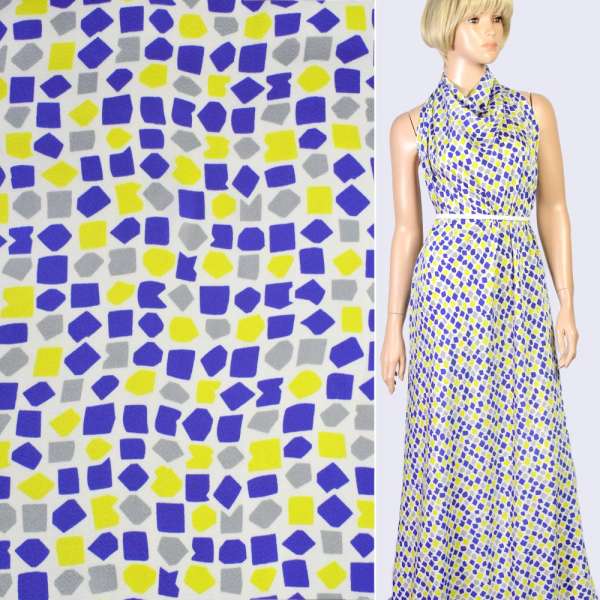 Шовк японський білий в сині, сірі, жовті фігури, ш.150