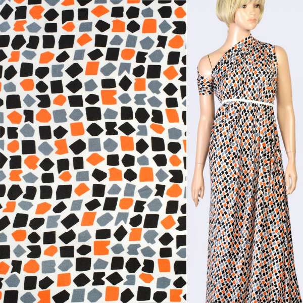 Шовк японський білий в чорні, сірі, помаранчеві фігури, ш.150