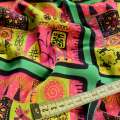 Шовк японський зелений в жовто-малинові африканські мотиви, ш.150