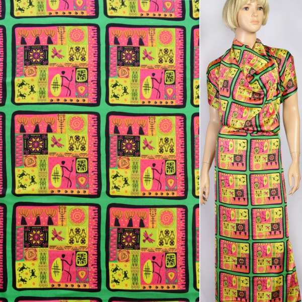 Шовк японський зелений в жовто-малинові африканські мотиви, ш.150