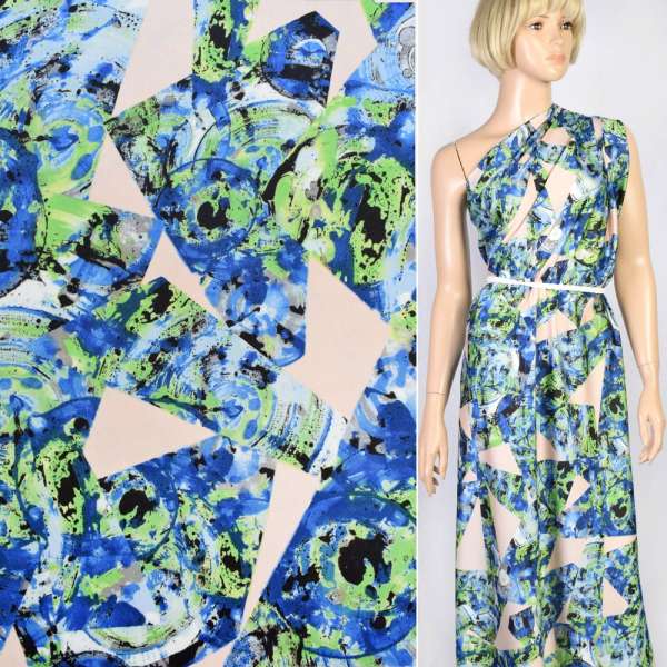 Шовк японський білий в синьо-зелений абстрактний малюнок, ш.150