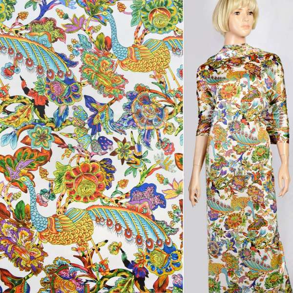 Шовк японський білий в жовто-бірюзові павичі, яскраві квіти, ш.150