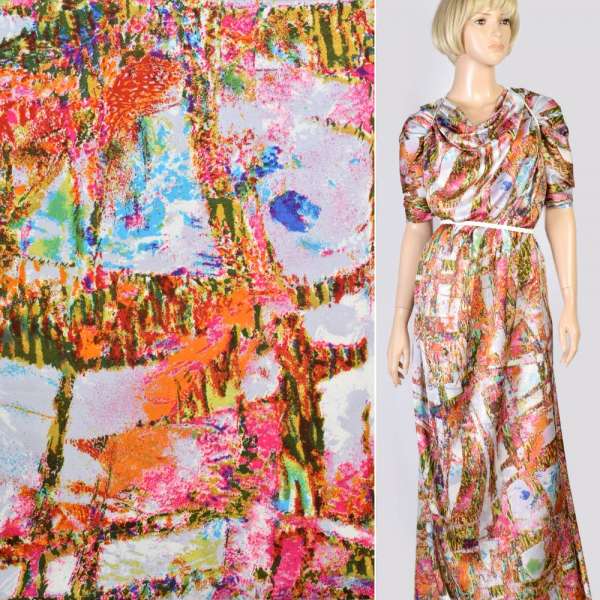 Шовк японський в оранжево-малиновий, оливковий абстрактний малюнок, ш.150