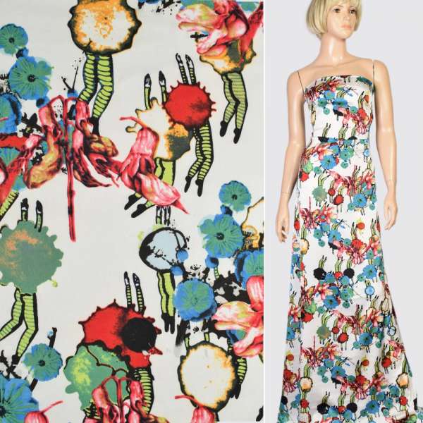 Шовк японський стрейч білий в яскраві квіти і ніжки, ш.150