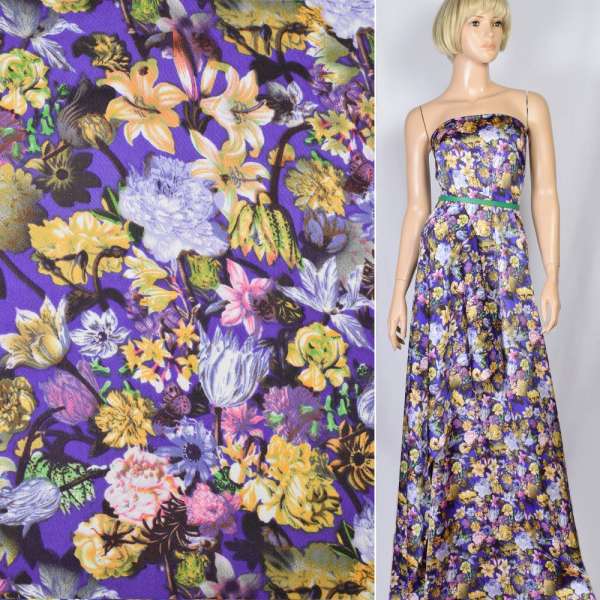 Шовк японський стрейч синій в рожеві і жовті квіти, ш.150