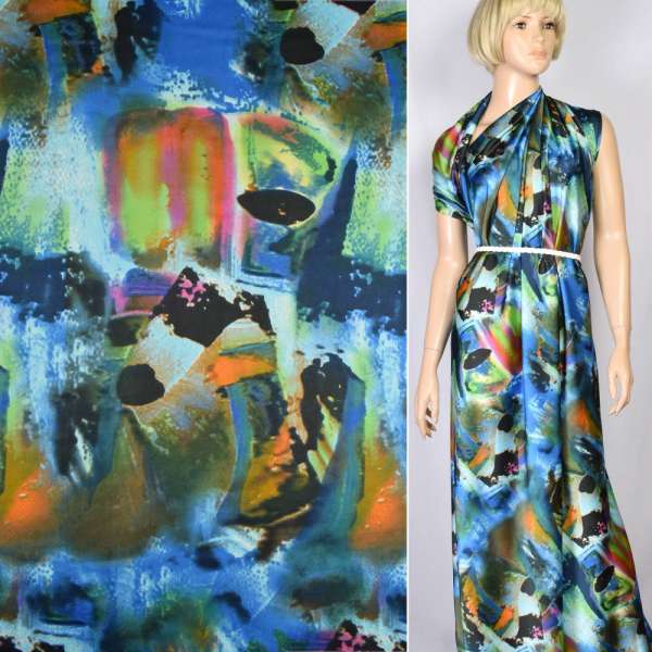 Шовк японський стрейч синій в рожево-чорно-зелений абстрактний малюнок, ш.150