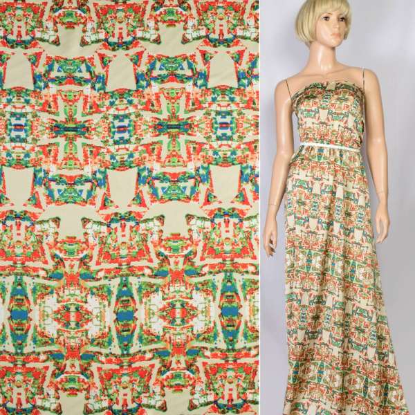 Шелк японский стрейч молочный в красно-зеленый абстрактный рисунок, ш.150