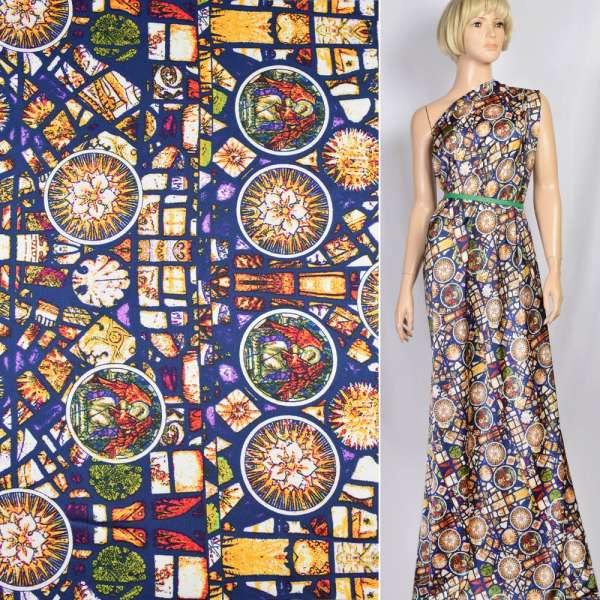 Шовк японський стрейч синій в різнокольорові вітражі, ш.150