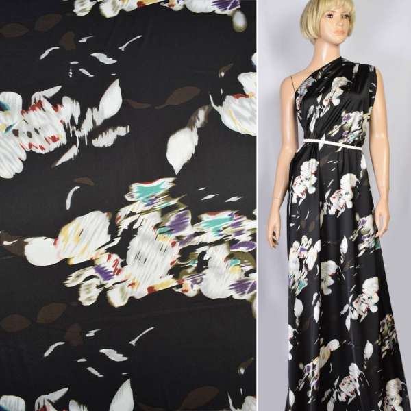 Шовк японський стрейч чорний в білі абстрактні квіти, ш.150