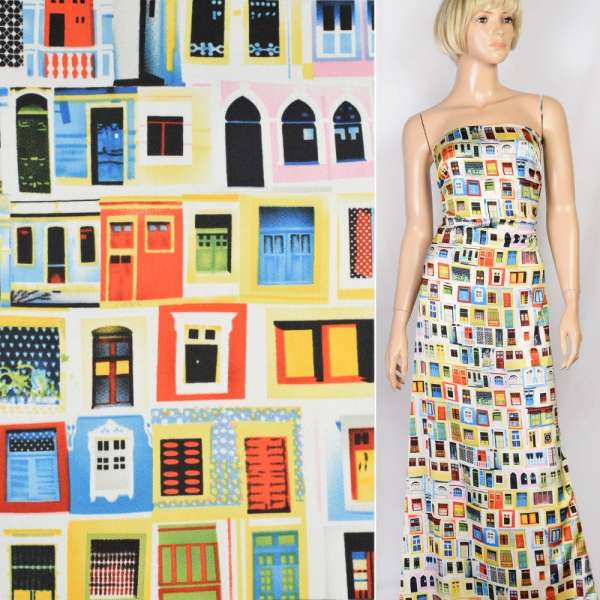 Шовк японський стрейч білий в різнокольорові вікна, ш.150