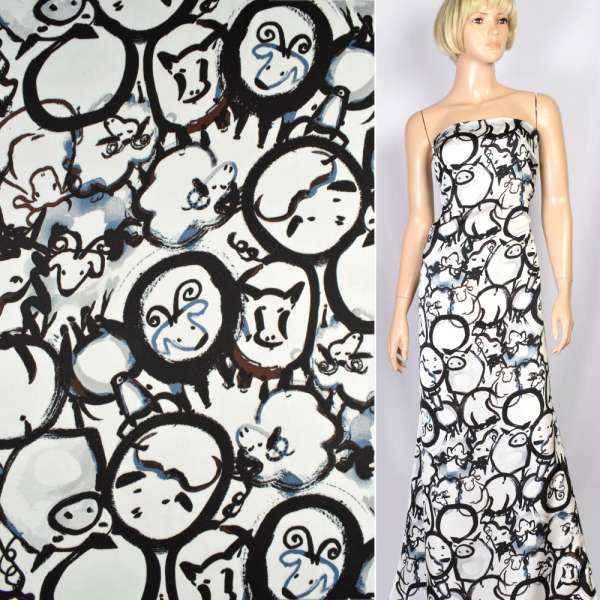 Шовк японський стрейч білий в чорні малюнки тварин, ш.150