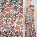 Шовк японський стрейч білий, червоно-бузкові павичі, яскраві квіти, ш.150