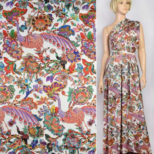 Шовк японський стрейч білий, червоно-бузкові павичі, яскраві квіти, ш.150