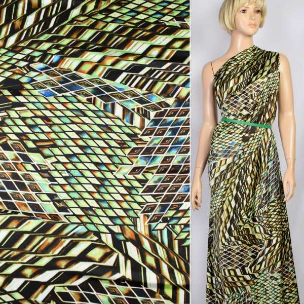 Шовк японський білий в зелені, коричневі, блакитні ромби, ш.150