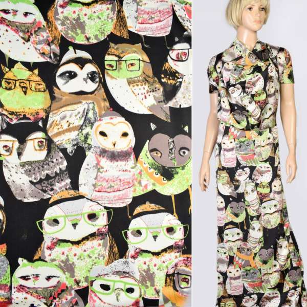 Шовк японський стрейч чорний в сірі і зелені сови, ш.150