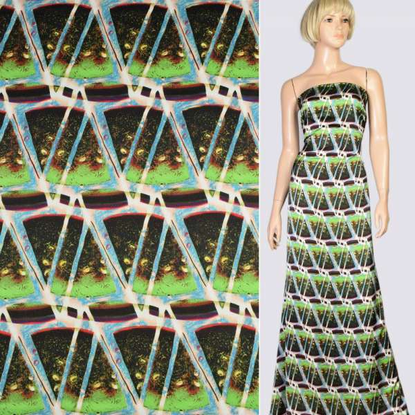 Шовк японський стрейч блакитний в чорно-зелені ромби, ш.150