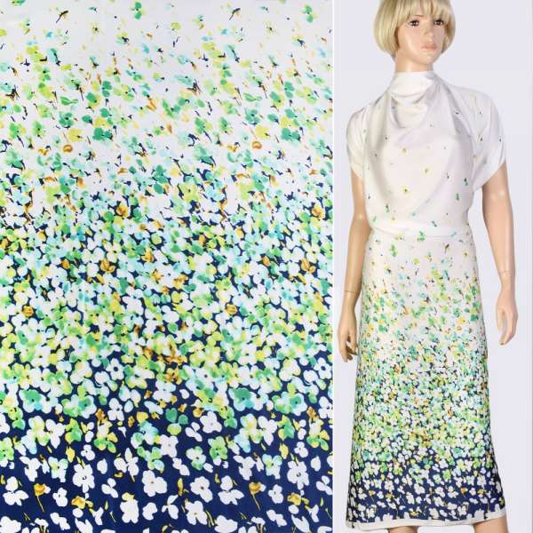 Шовк японський стрейч купон біло-зелено-синій в квіти ш.147