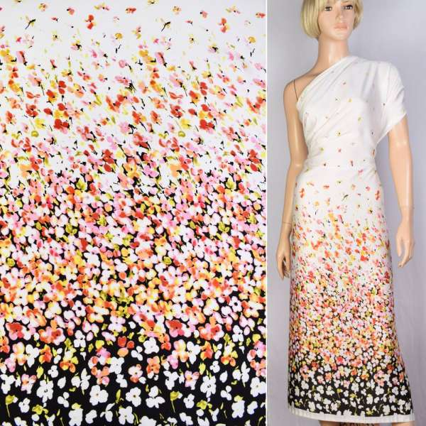 Шовк японський стрейч-купон біло-чорний в жовто-рожеві квіти ш.150