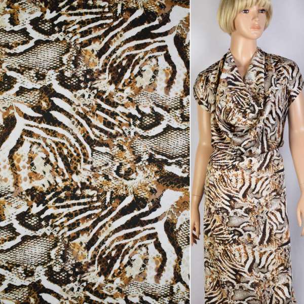 Шовк японський стрейч в гірчично-коричнево-білий принт змії ш.150