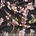 Шовк японський стрейч чорний принт в біло-рожеві гілки ш.150
