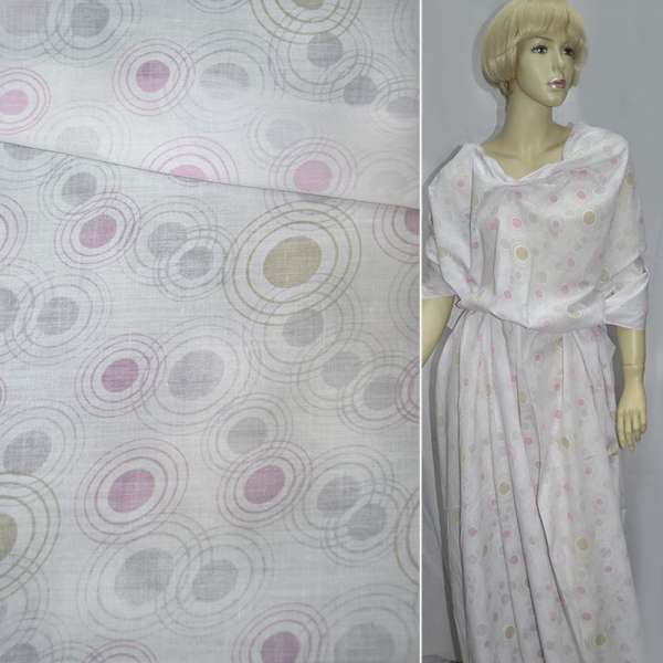 Батист білий в гірчично-рожеві кола ш.150