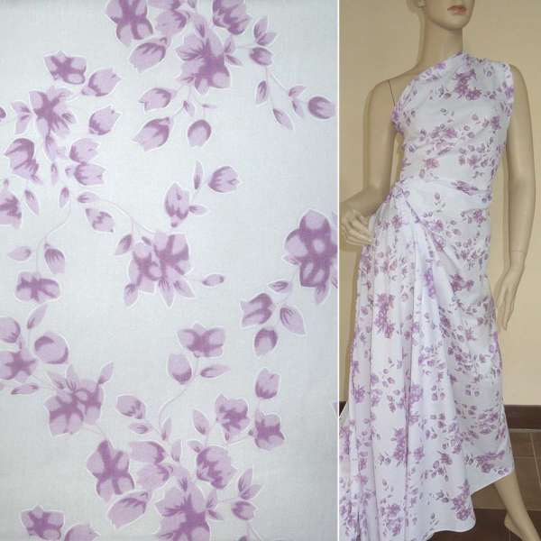 Батист белый в сиреневые цветы ш.150