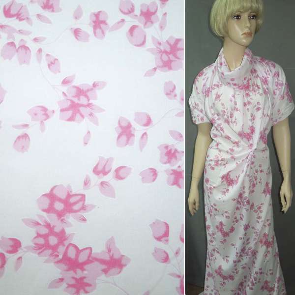 Батист белый в розовые цветы ш.150