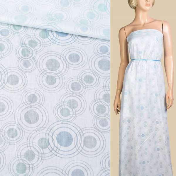 Батист белый в зелено-голубые круги ш.150