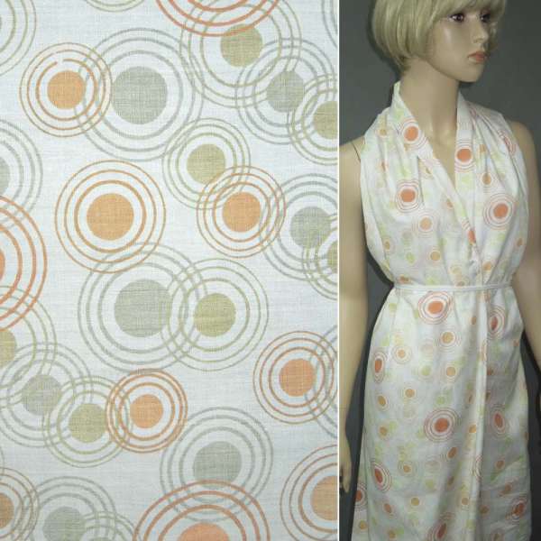 Батист белый в оранжево-салатные круги деворе ш.150