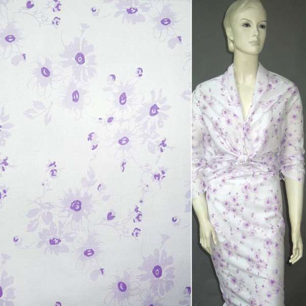 Батист белый с сиреневыми цветами ш.145