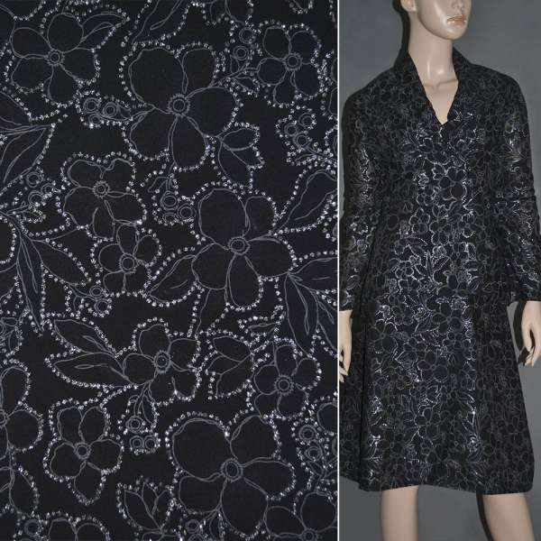 Батист черный деворе с цветами и блестками ш.145