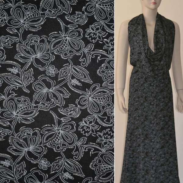 Батист черный в серые цветы с блестками ш.140