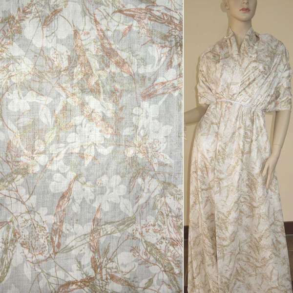 Батист бежевый светлый с золотыми и зелеными листьями деворе ш.150