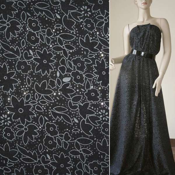 Батист черный с цветами деворе и блестками ш.150