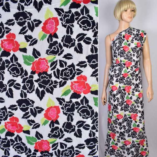 Батист деворе белый в синие и красно-розовые цветы ш.140