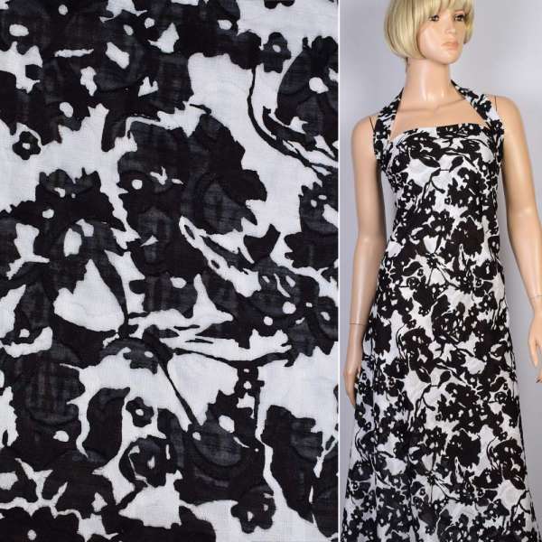 Батист деворе белый в черные цветы, ш.140